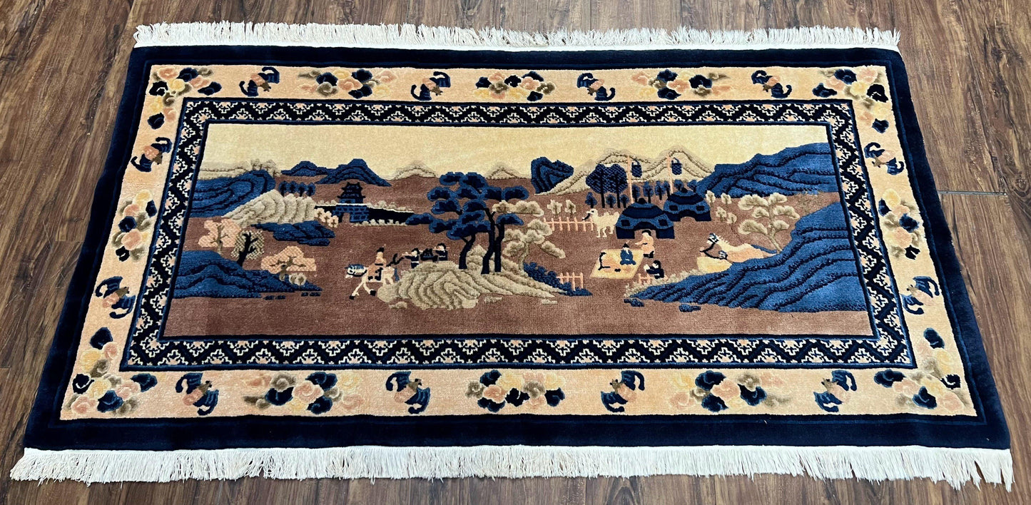 Antique Chinese Pictorial Rug 2.7 x 5, Chinese Village and Hills Carpet, Beige and Dark Blue, Handmade, Horizontal Rug Wall Hanging Tapestry - Nuvé