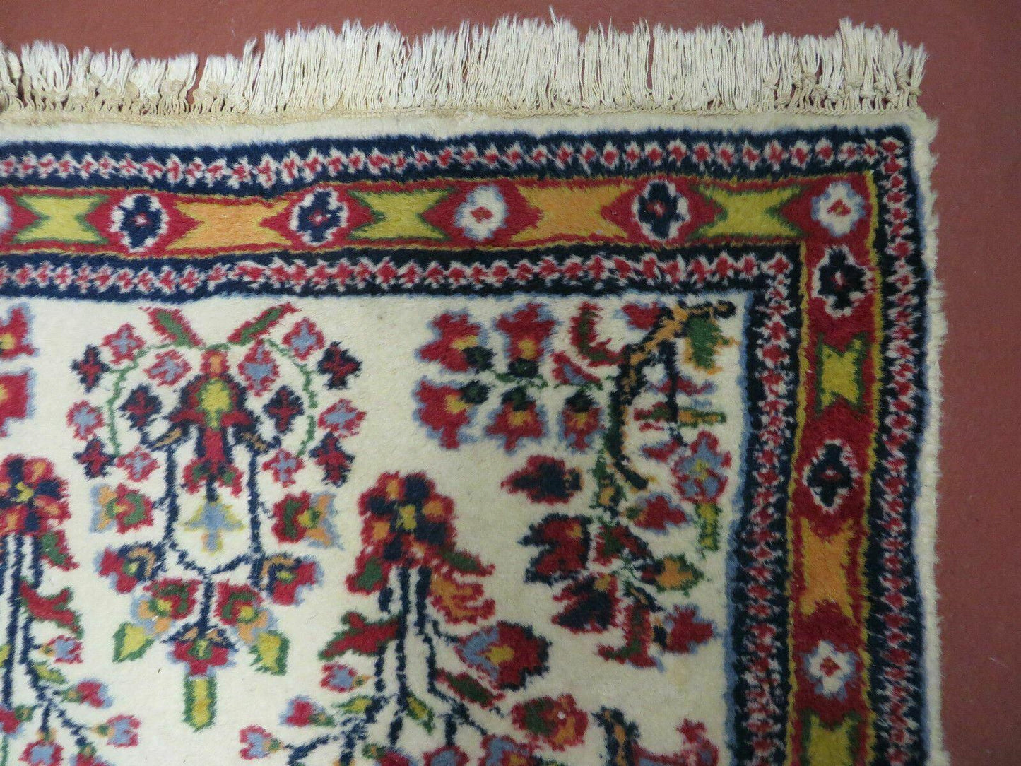 Small Persian Rug 2 x 3, Tiny Persian Sarouk Carpet, Cream Navy Blue Red, Floral Medallion, Vintage Wool Rug, Handmade Hand-Knotted Oriental Rug - Nuvé