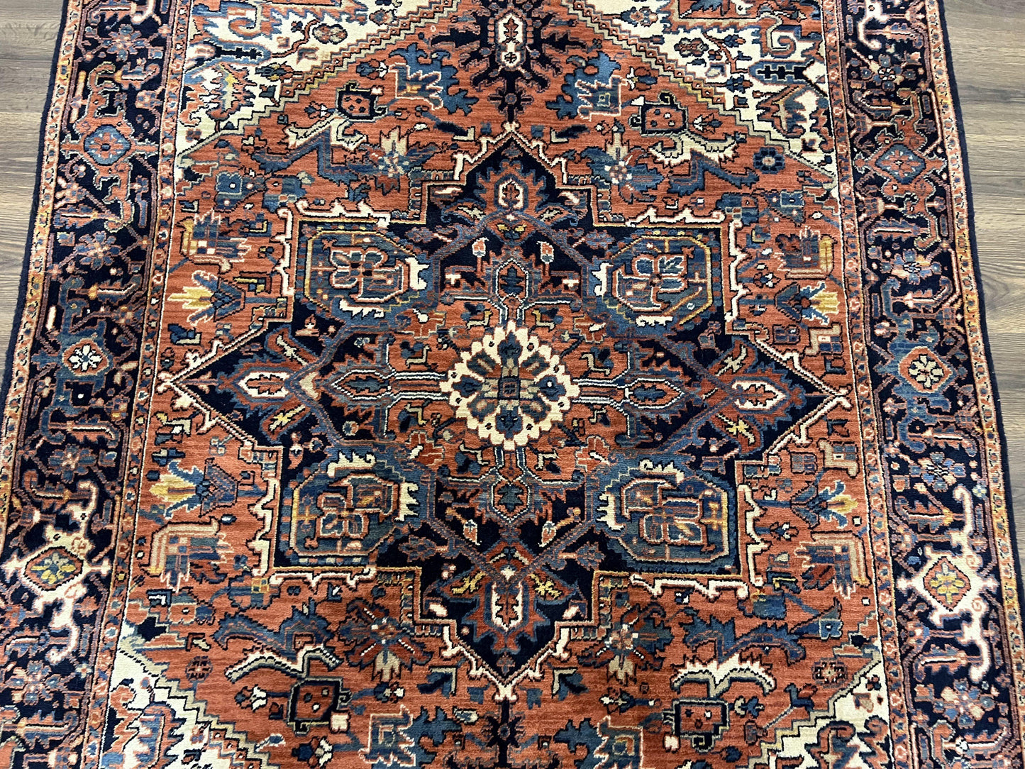 Heriz Rug 5.6 x 8, Geometric Medallion, Wool Oriental Carpet, Tribal Boho Rug, Red Navy Blue Cream, Belgium Power Loomed Rug, Medium Sized - Nuvé
