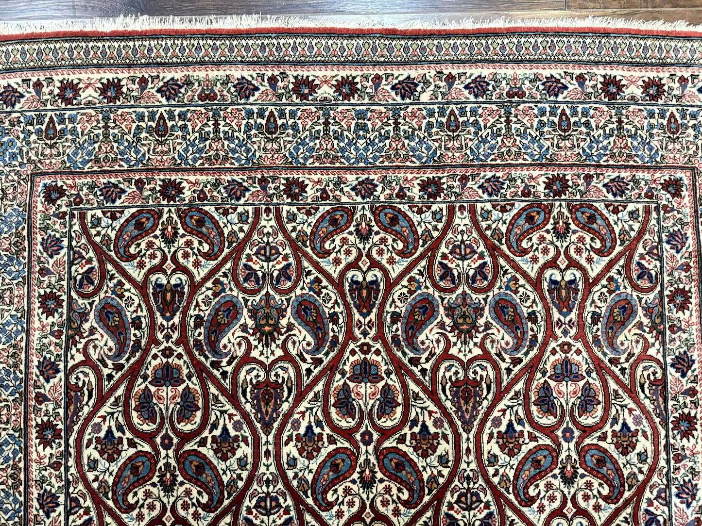 Unique Persian Qum Rug 5x7, Repeated Paisely Boteh Design, Ivory Red Blue, Handmade Antique Wool Persian Carpet, Finely Hand Knotted - Nuvé