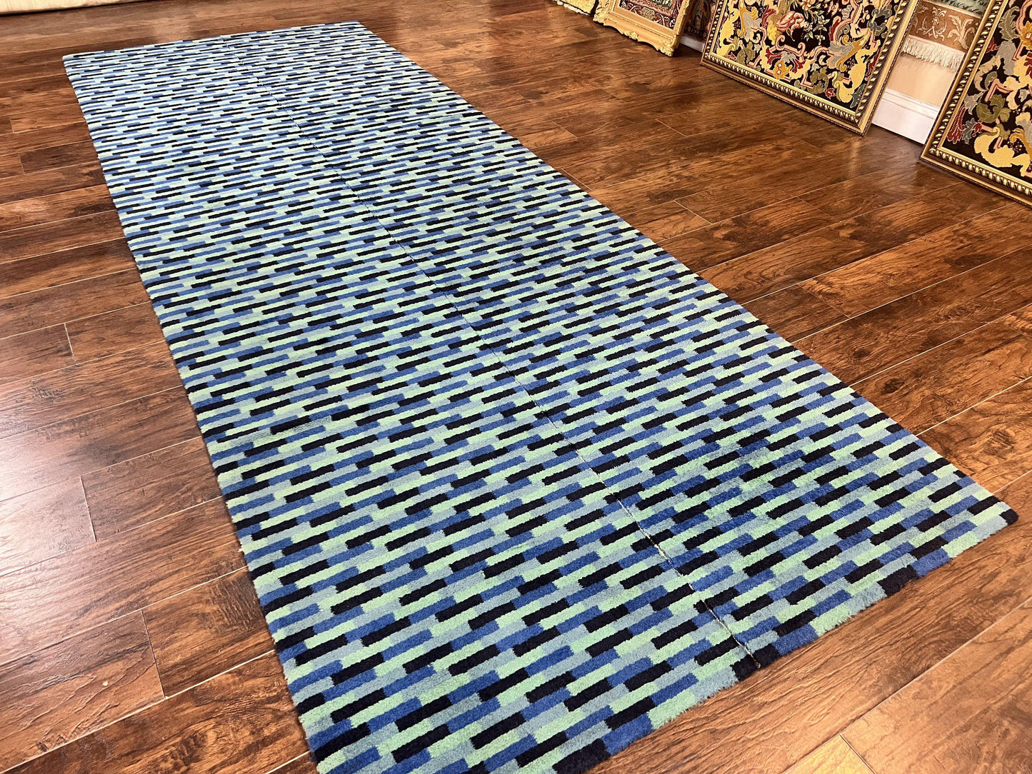 Wide Runner Rug 4.7 x 12, Blue Multicolor Contemporary Wool Power Loomed Rug, Mosiac Design - Nuvé