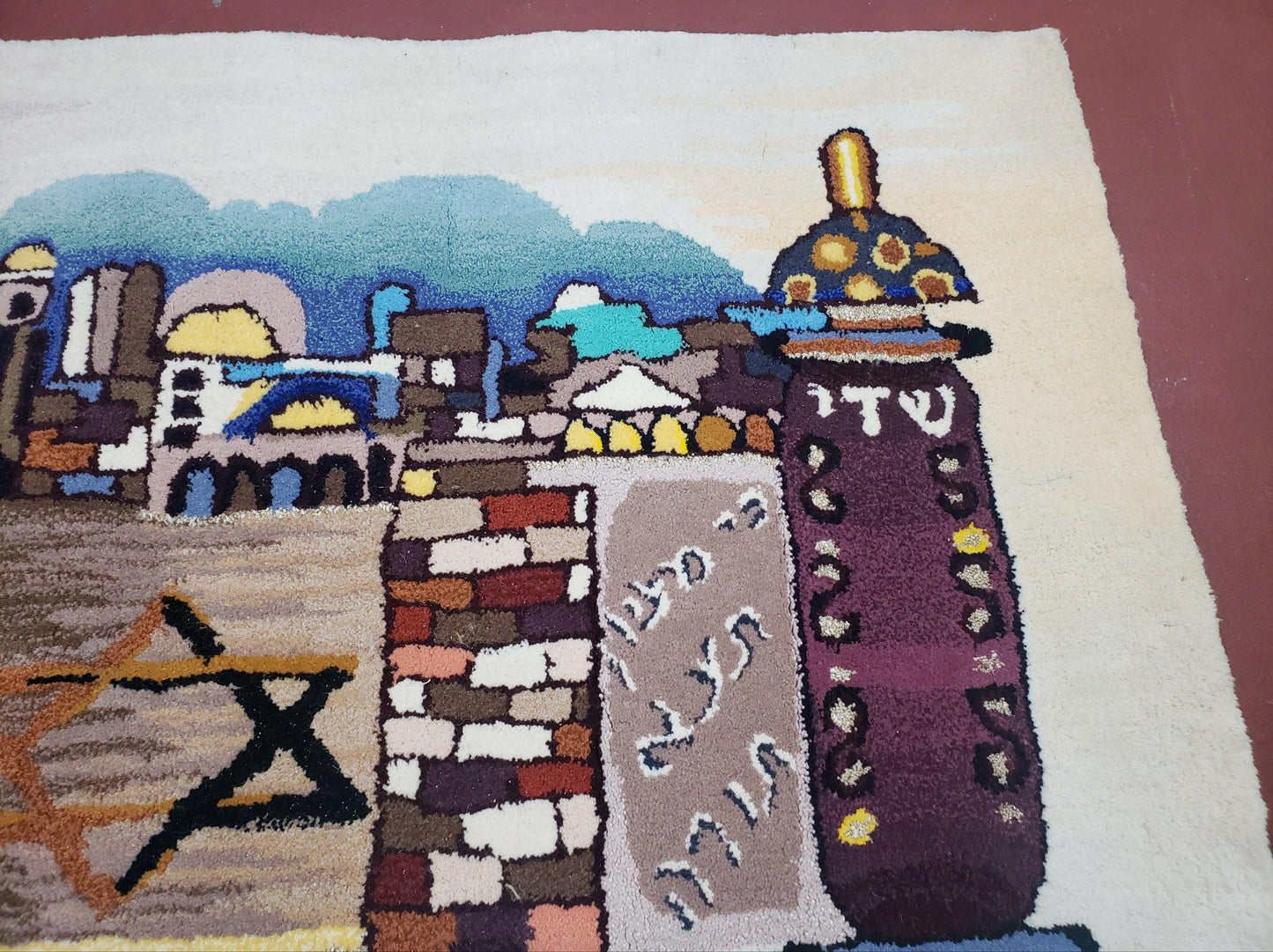 Vintage Judaica Pictorial Rug 3x5, Wool Hand-Tufted Israeli Signed Rug, Jerusalem Rug, Star of David Torah Scroll Verses, Chanuka Gift - Nuvé