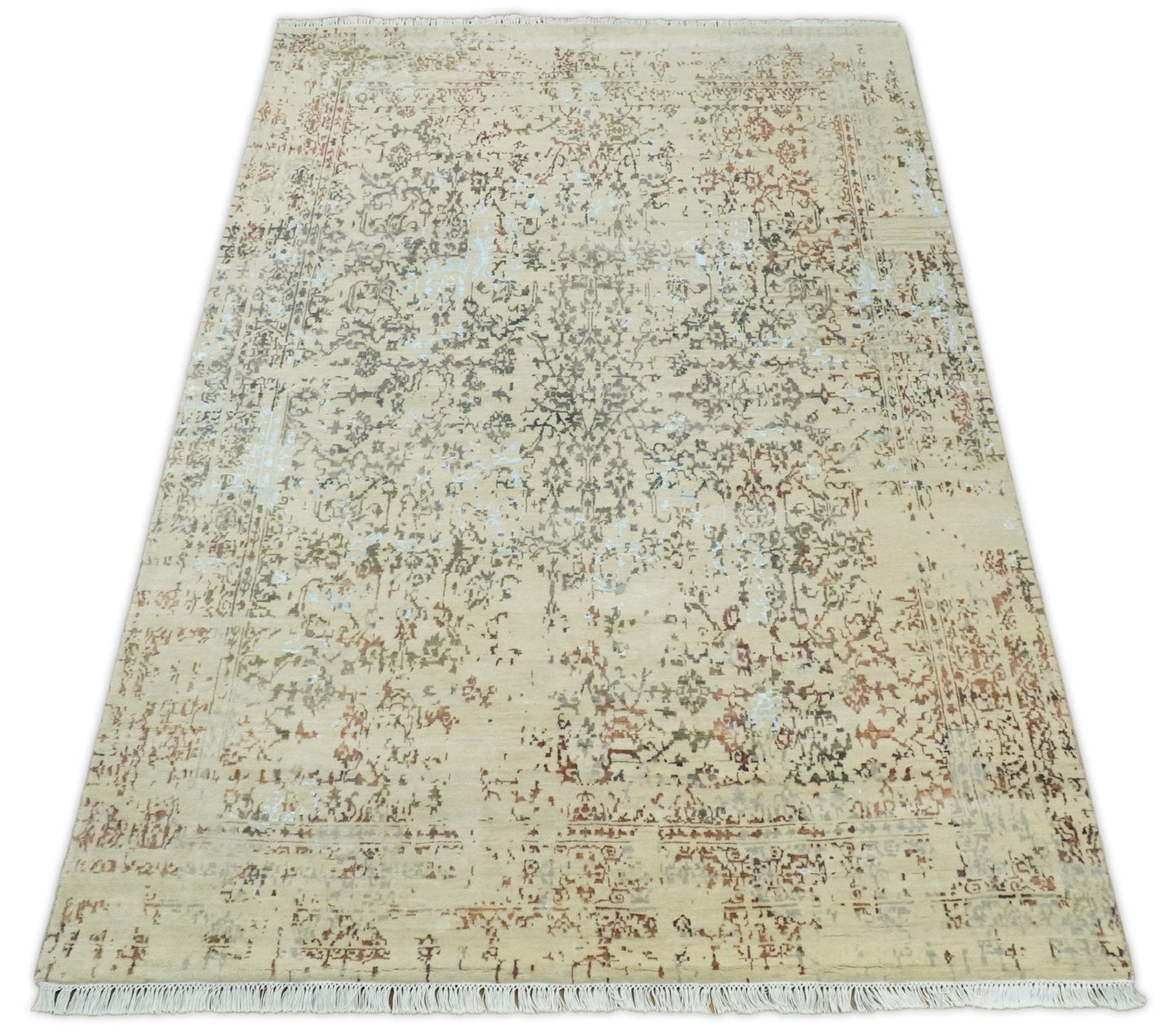 6x9 Fine Hand Knotted Beige and Rust Traditional Vintage Persian Style Antique Wool and Silk Rug | AGR2 - Nuvé