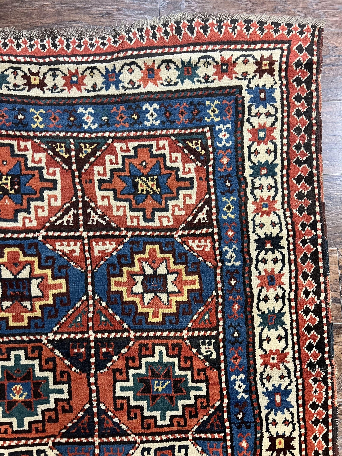 Antique Caucasian Kazak Runner Rug 4 x 9.5, Handmade Wool Rug for Hallway, Rare Colorful Panel Design Mid 19th Century 1870s Oriental Carpet - Nuvé