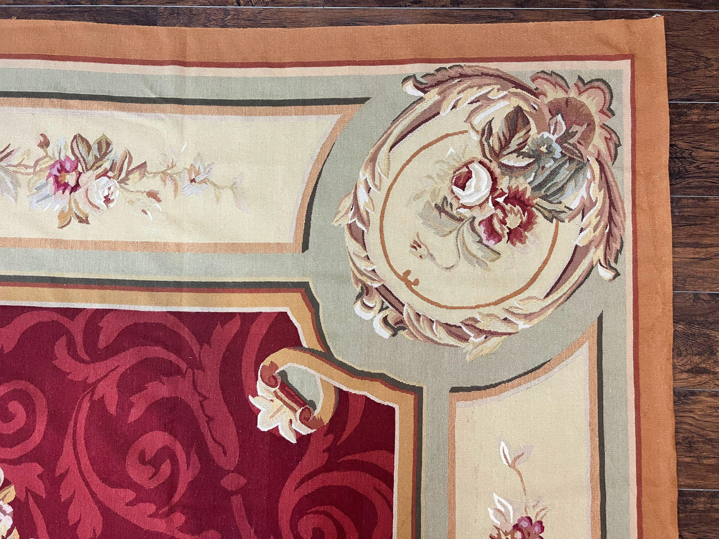 Large Aubusson Rug 10x14, Wool Handmade Vintage Carpet, Dark Red Ivory Tan, French European Elegant Aubusson Weave Rug - Nuvé