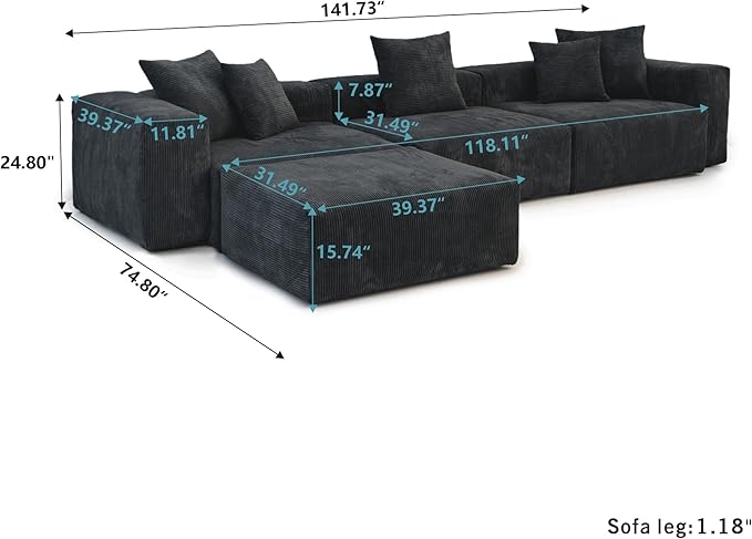 Kanso Corduroy Modular Bouclé Cloud Couch - Black - 3-Seater Sectional Sofa with Ottoman - Nuvé