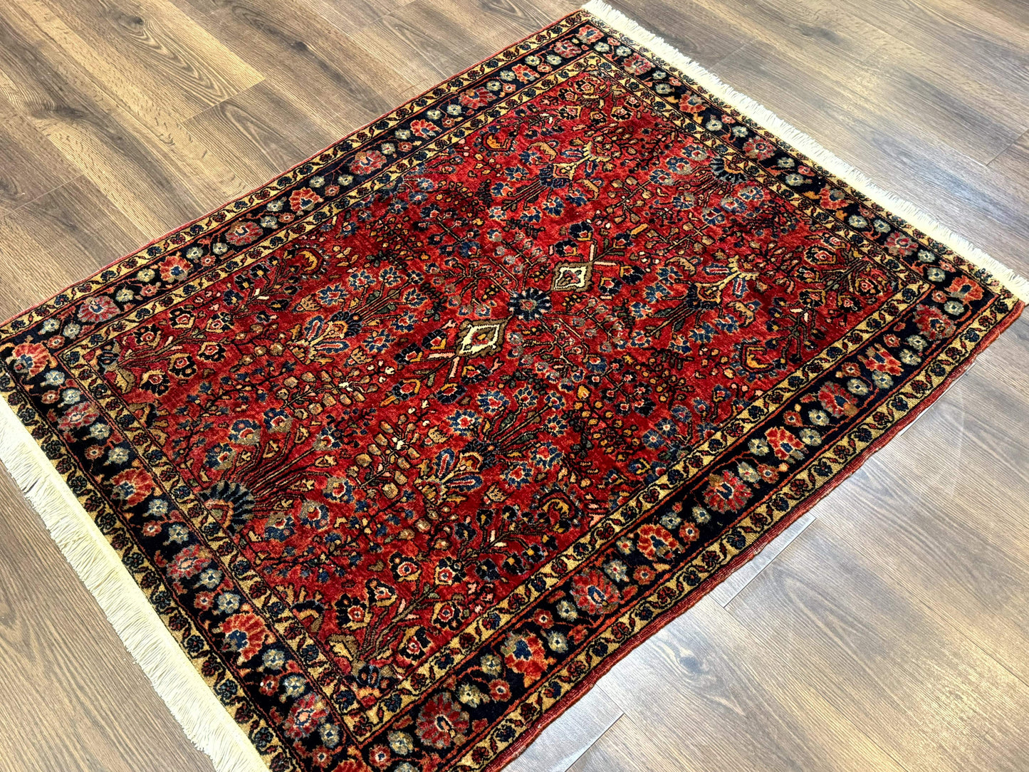 Antique Persian Sarouk Rug 3x4, Red, Floral, 1920s Wool Rug - Nuvé