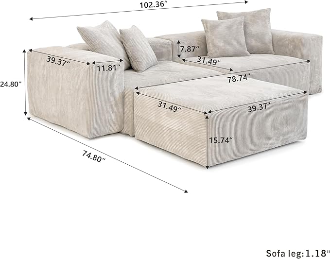 Kanso Corduroy Modular Bouclé Cloud Couch - Beige - 2-Seater Sectional Sofa with Ottoman - Nuvé