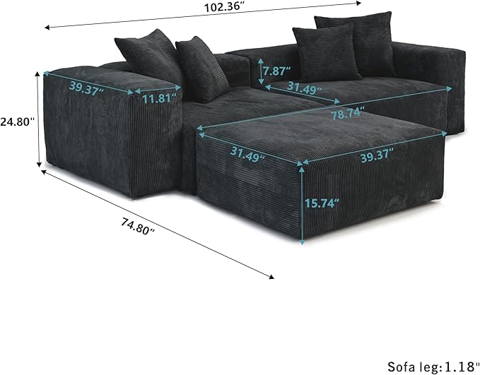 Kanso Corduroy Modular Bouclé Cloud Couch - Black - 2-Seater Sectional Sofa with Ottoman - Nuvé