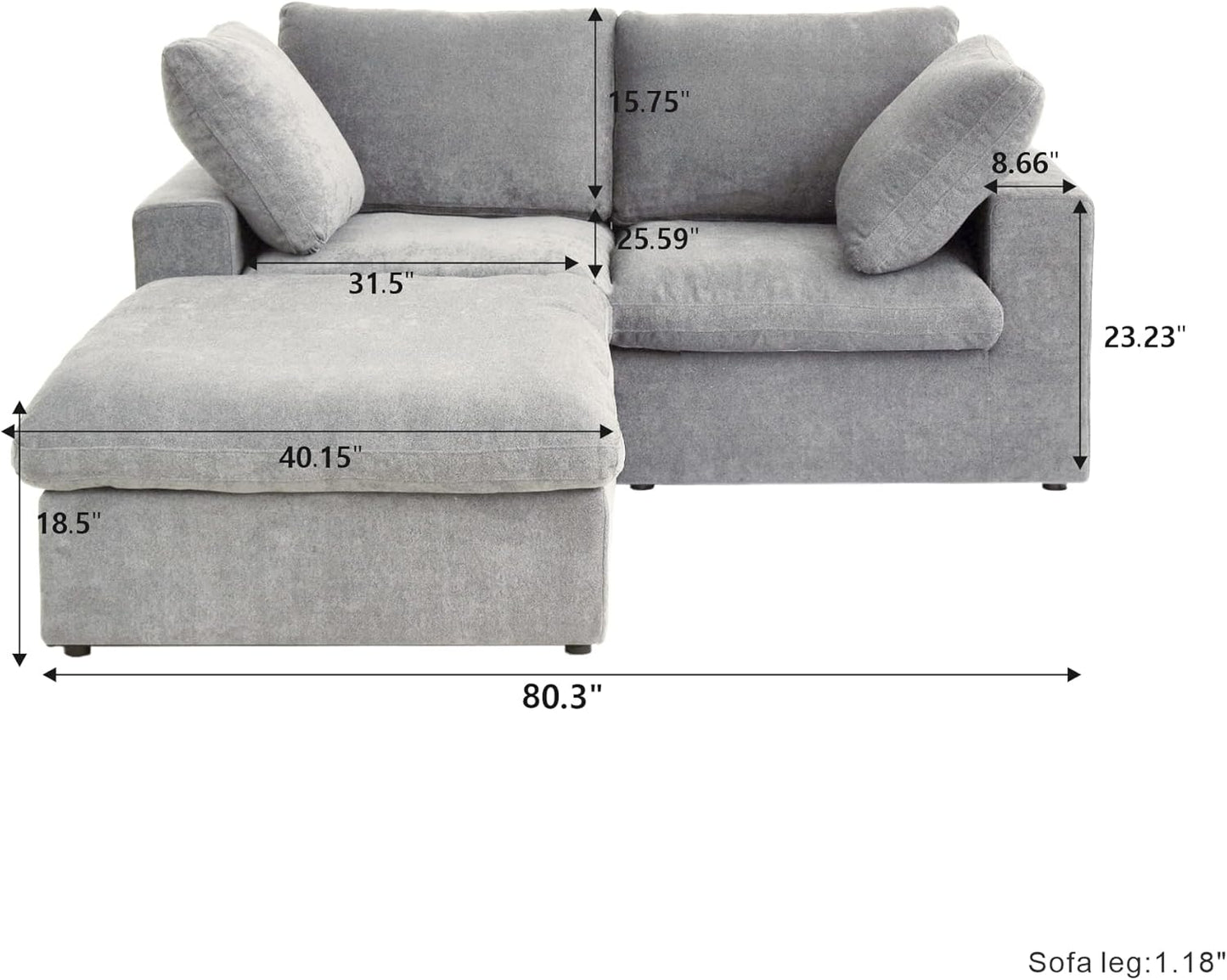 Nuvé® Solace Modular Bouclé Cloud Sofa - Space Grey - 2-Seater Sectional Sofa with Ottoman - Nuvé
