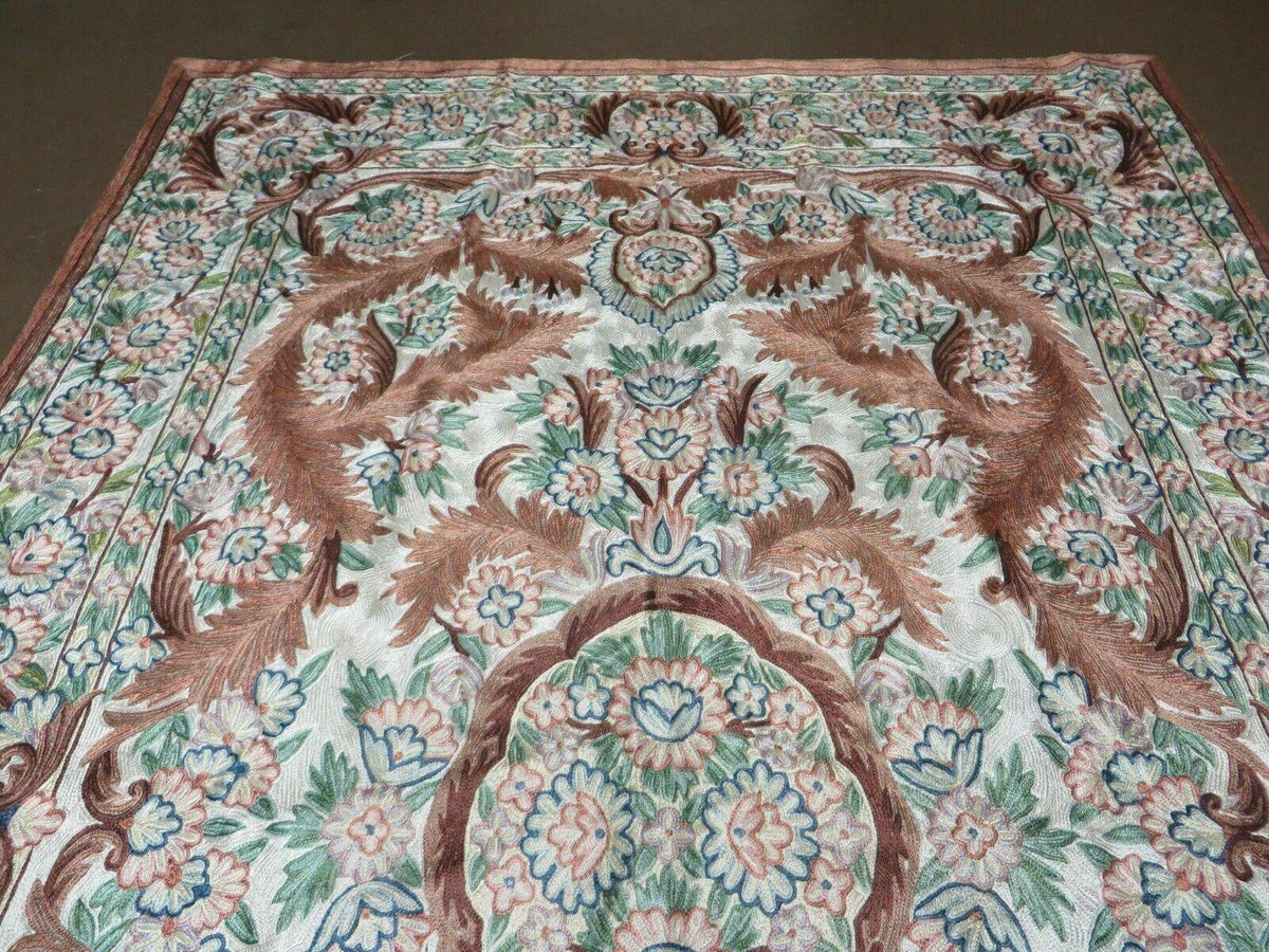 4' X 6' Vintage Embroidery Hand Stitched Rug Silk On Cotton India Backing Nice