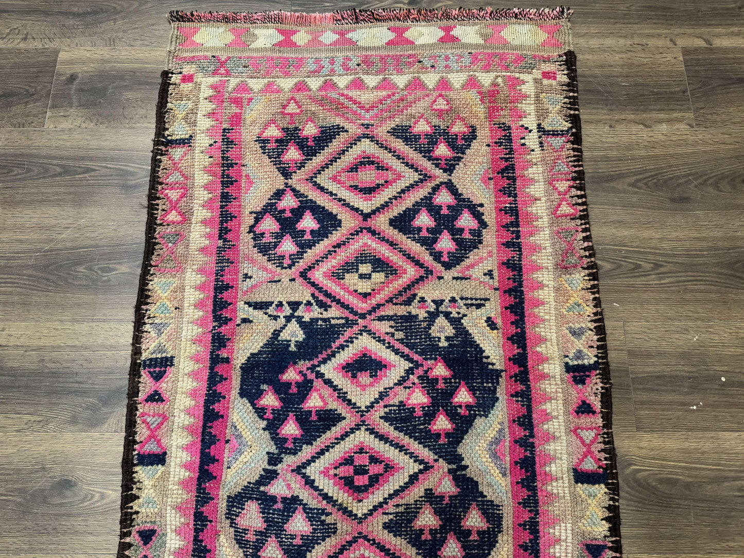 Turkish Runner Rug 3x10, Pink and Navy Blue, Bohemian Runner for Hallway or Kitchen, Vintage, Geometric, Tribal - Nuvé