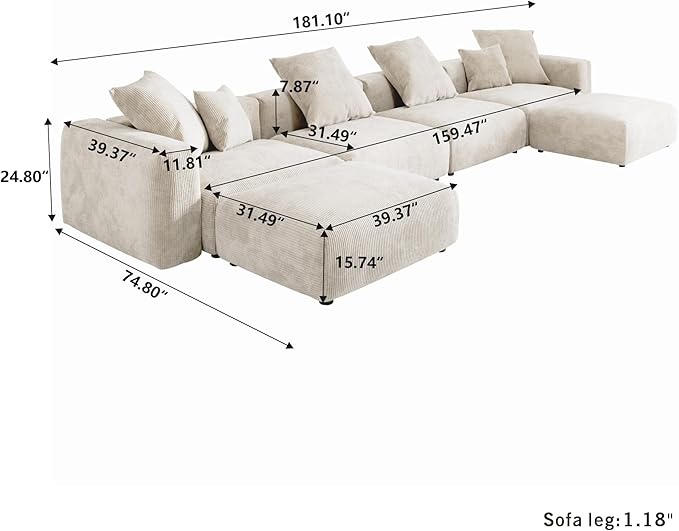 Kanso Corduroy Modular Bouclé Cloud Couch - Beige - 4-Seater Sectional Sofa with 2 Ottomans - Nuvé