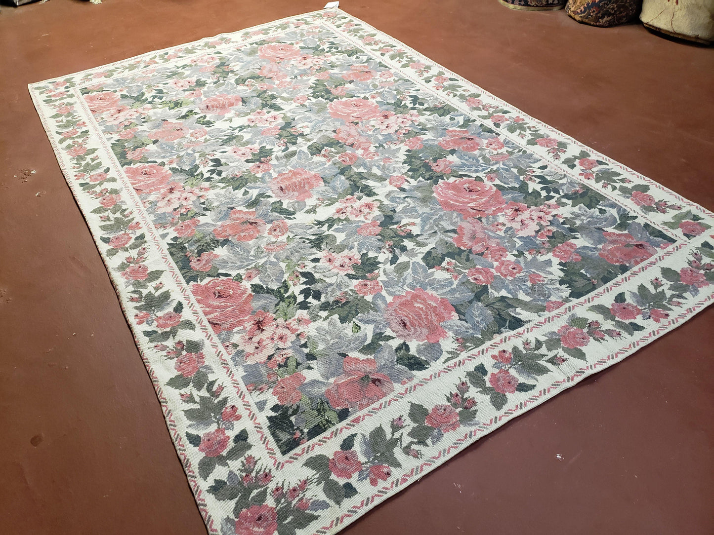 5x8 Needlepoint Rug 5' 4" x 8' 3" Wool Flat Weave Floral New Unused Carpet English Design Ivory Large Pink Flowers Green Leaves Hand-Knotted - Nuvé