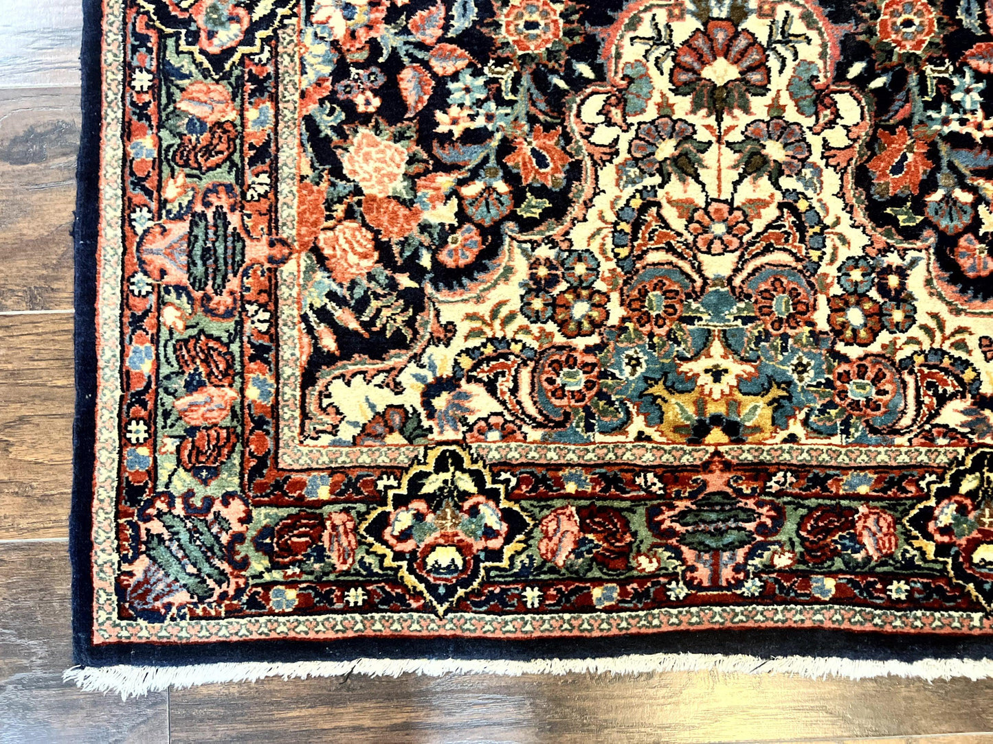Persian Saoruk Rug 4x5, Navy Blue and Red, Floral, Antique Persian Wool Carpet, Handmade - Nuvé