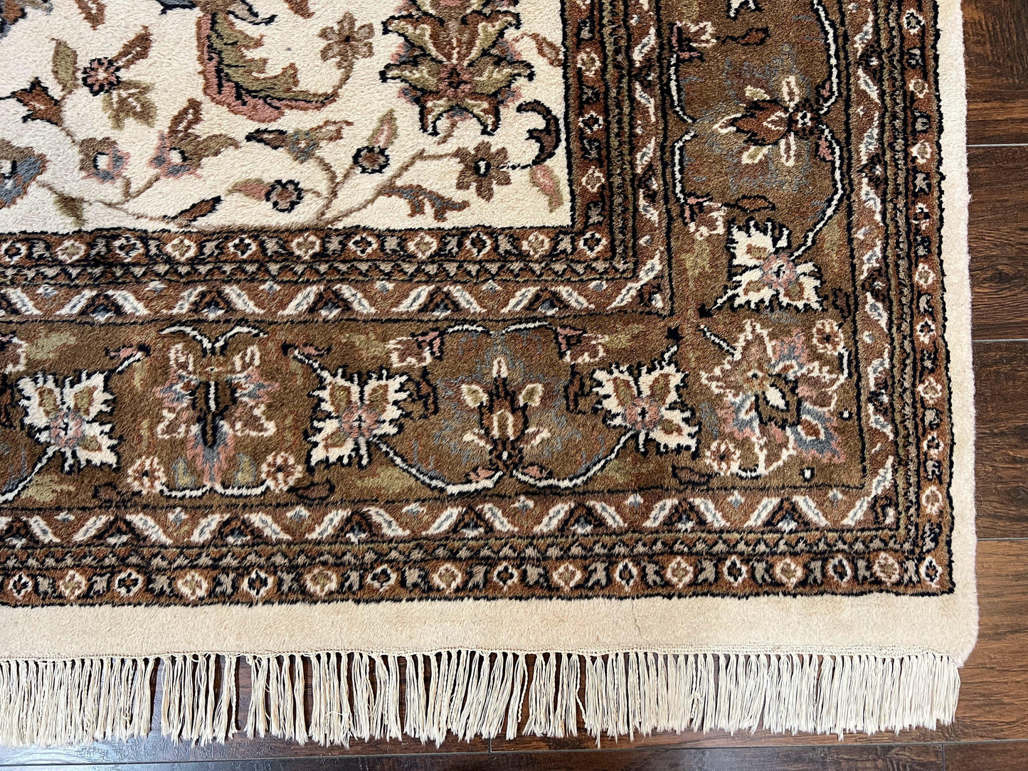 Indo Kirman Rug 8x12 Allover Floral Design, Ivory/Cream Brown, Vintage Handmade Hand Knotted Rug, Traditional Wool Persian Carpet 8 x 12 - Nuvé