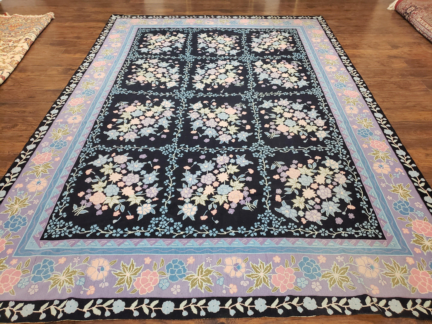 Chinese Needlepoint Rug 8 x 11.4, Hand-Woven Area Carpet, Flatweave Rug, Black Blue Light Violet Floral Garden European Design Wool Aubusson - Nuvé