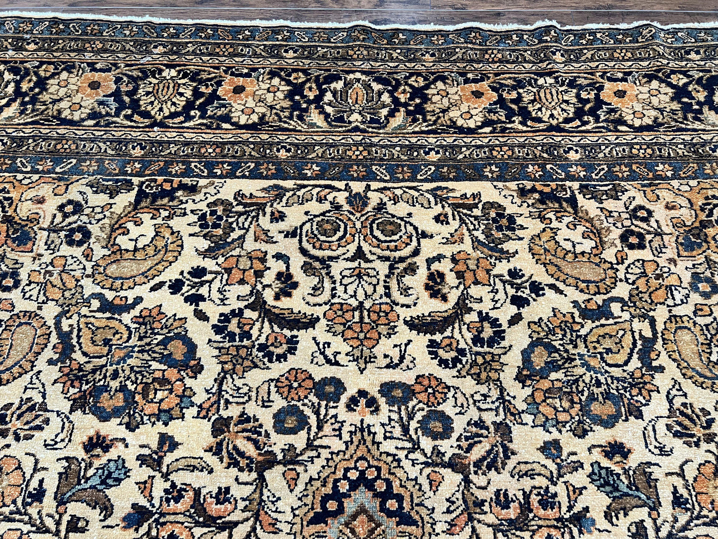 Antique Persian Rug 9x11, Wool Handmade 1920s Oriental Carpet, Persian Hamadan Anjelas Rug, Cream Black, Floral Allover Oriental Rug 9 x 11 Room Sized Rug - Nuvé