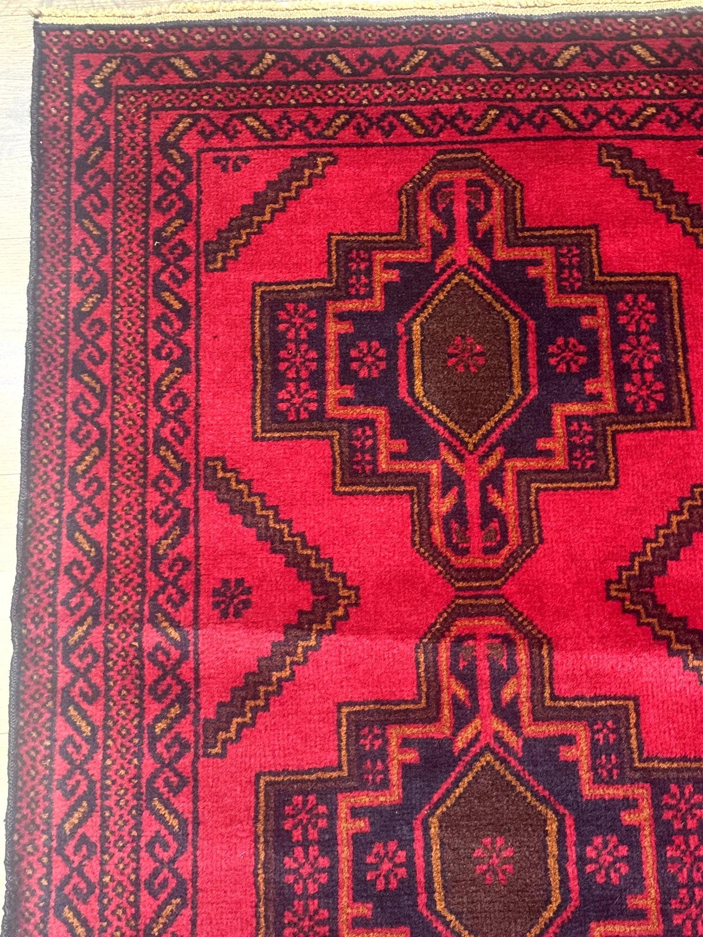 Afghan Rug 4x7, Tribal Carpet, Balouch Rug, Red and Navy Blue, Repeated Medallions, New - Nuvé