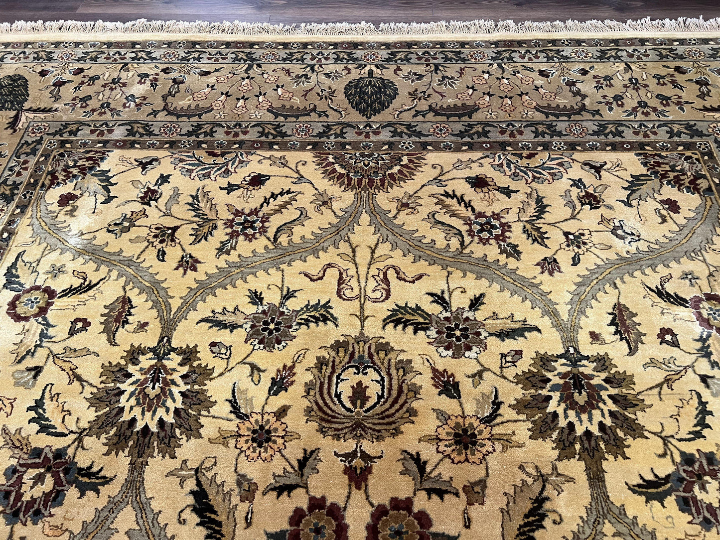 Indo Persian Mahal Rug 10x14, Wool Hand Knotted Oriental Carpet, Cream Floral Allover, Vintage Area Rug 10 x 14, Traditional Rug, Handmade - Nuvé