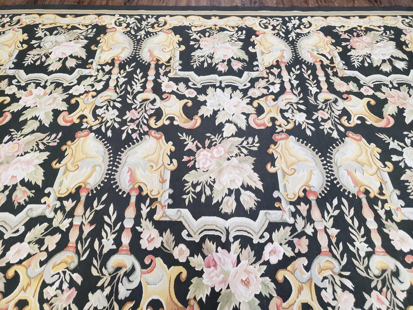 Vintage Black Aubusson Area Rug 8x10, Large Flowers Chinese Aubusson Carpet 7.9 x 10, Wool Hand-Knotted Floral Pattern Flat Weave Rug Nice - Nuvé