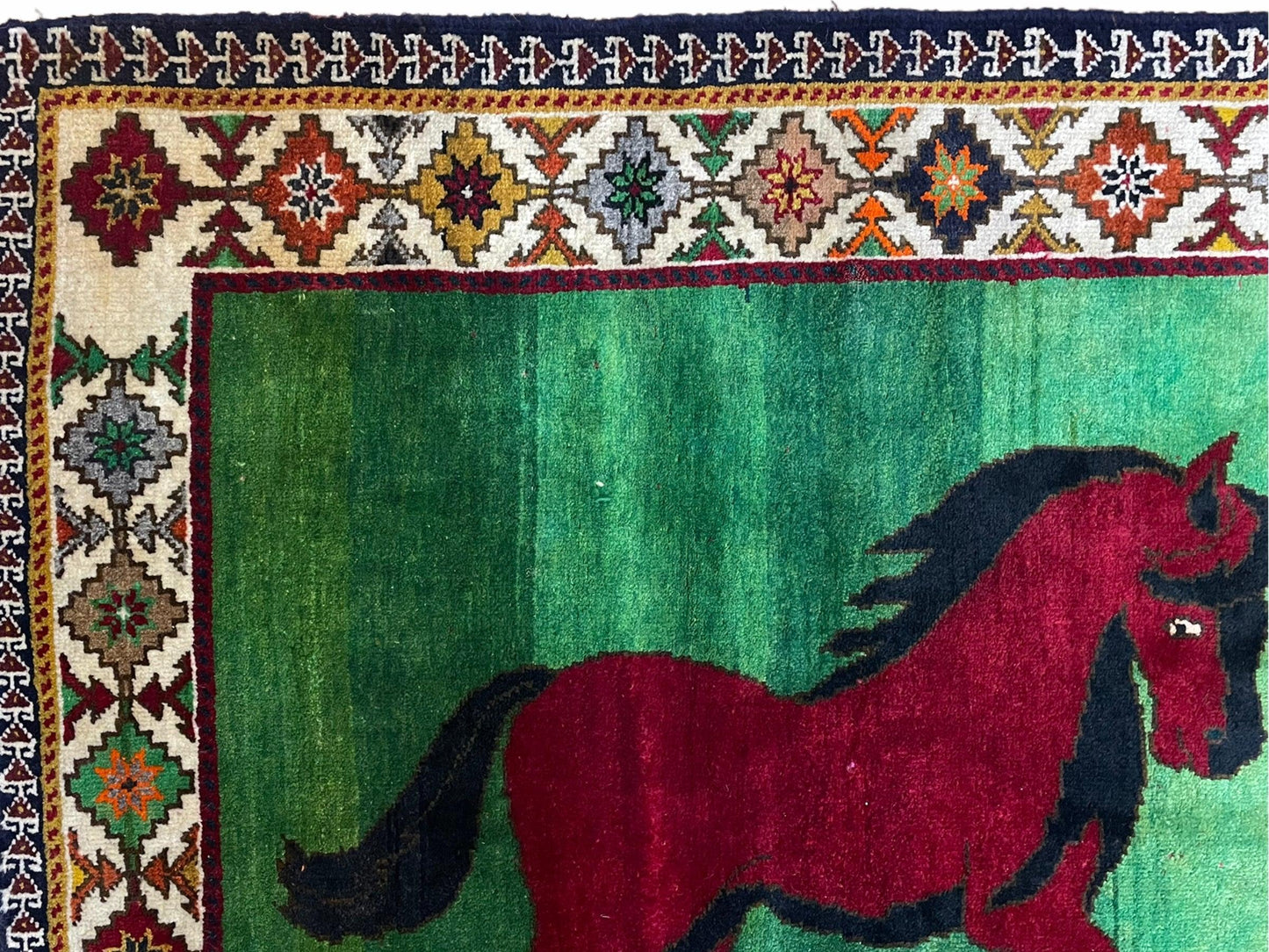 4 X 7 Handmade Rug Zagros Quality Wool Pictorial Horses Green Butterfly Colorful - Nuvé