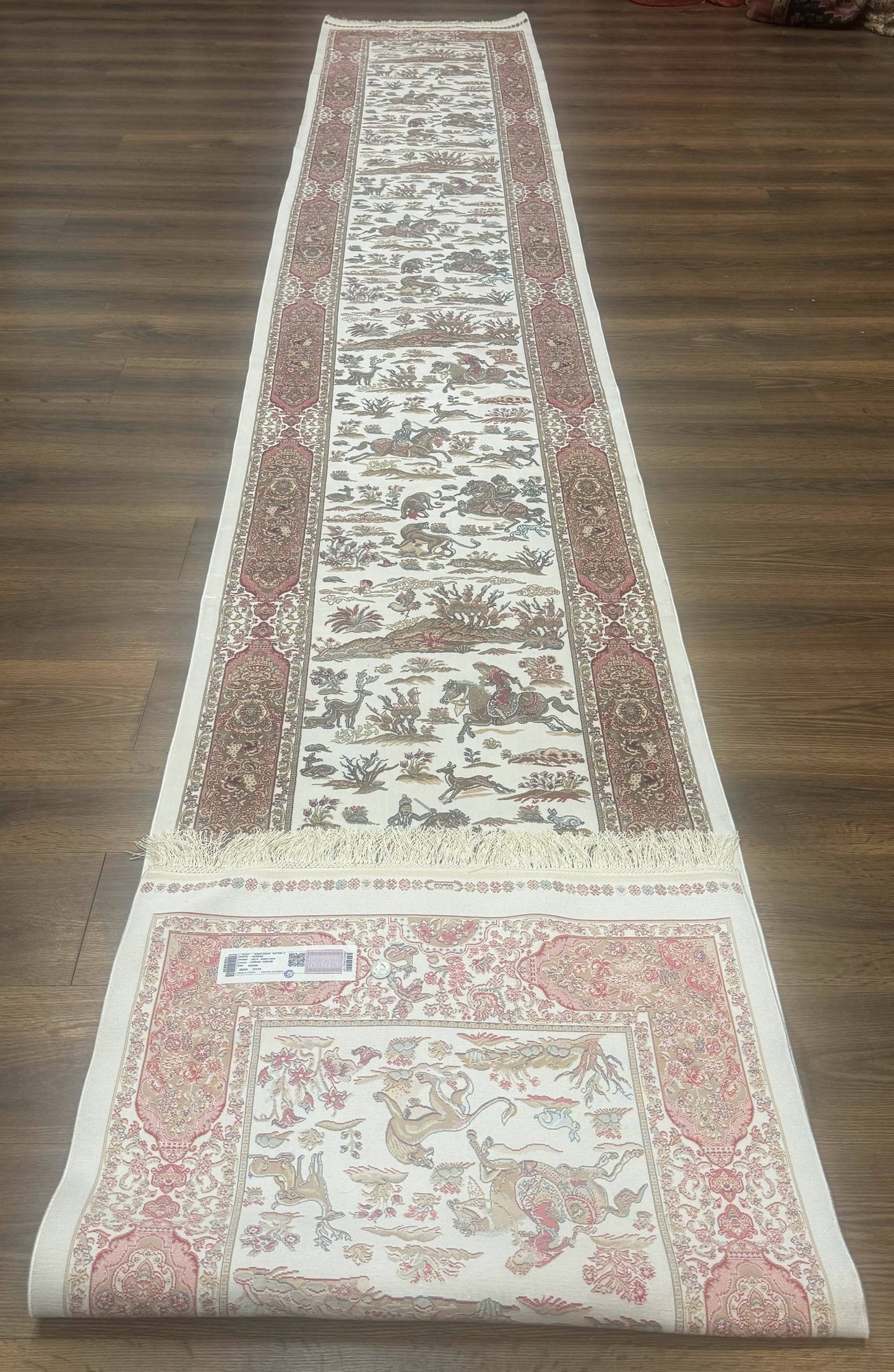 Long Turkish Silk Runner Rug 2.6 x 16.5, Hunting Design, Ivory, Bamboo Silk, New - Nuvé