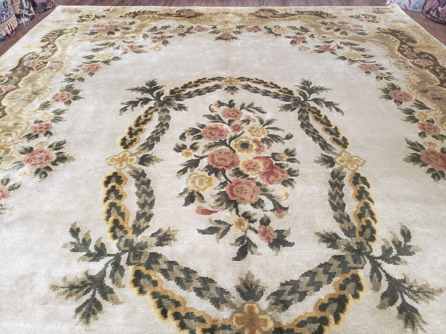 Aubusson Rug 10x14, Elegant French European Design, Vintage Handmade Carpet with Pile, Beige Floral Dining Room Rug, Living Room, Soft Wool - Nuvé