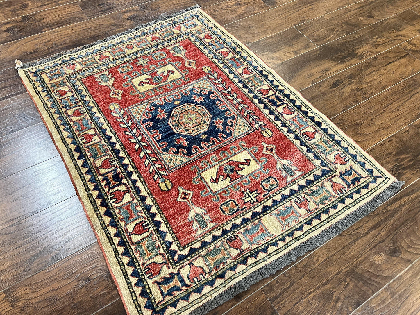 Turkish Kazak Rug 3x4, Wool Hand Knotted Small Vintage Carpet, Red Navy Blue, 3 x 4 Oriental Rug, Geometric Design - Nuvé