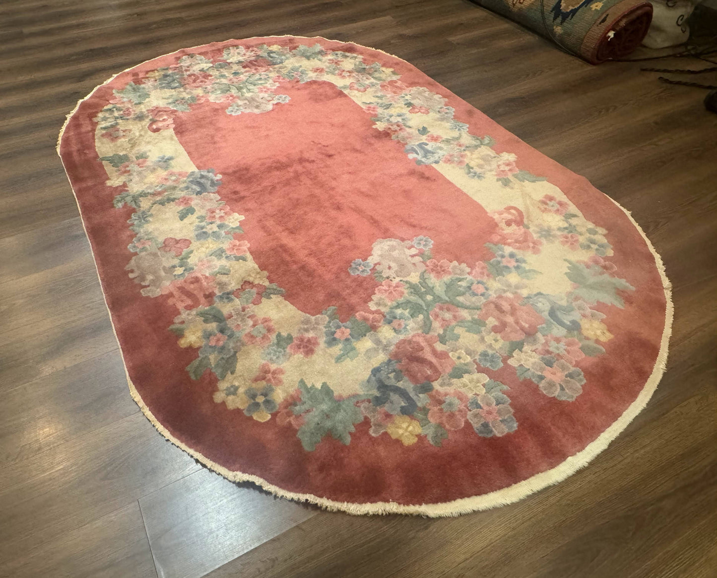 Oval Chinese Peking Rug 5x8, Pink, Floral, Vintage Chinese Wool Carpet - Nuvé