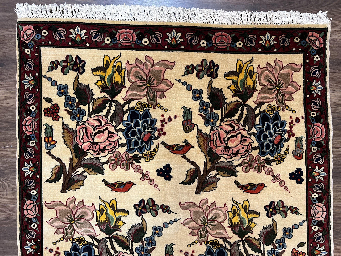 Persian Bidjar Rug 3.6 x 5 ft, Repeated Floral Motifs, Roses and Birds, Cream Burgundy, Fine Wool Oriental Bijar Carpet, Vintage Traditional Area Rug - Nuvé