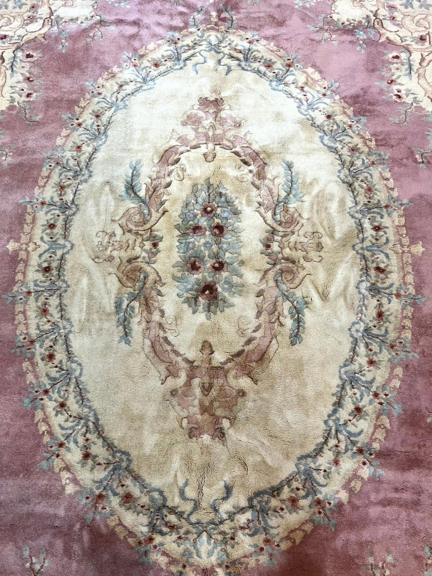 Indo Chinese Aubusson Wool Rug 10x14, Pink and Cream, Handmade Vintage Wool Carpet, Elegant European Design - Nuvé