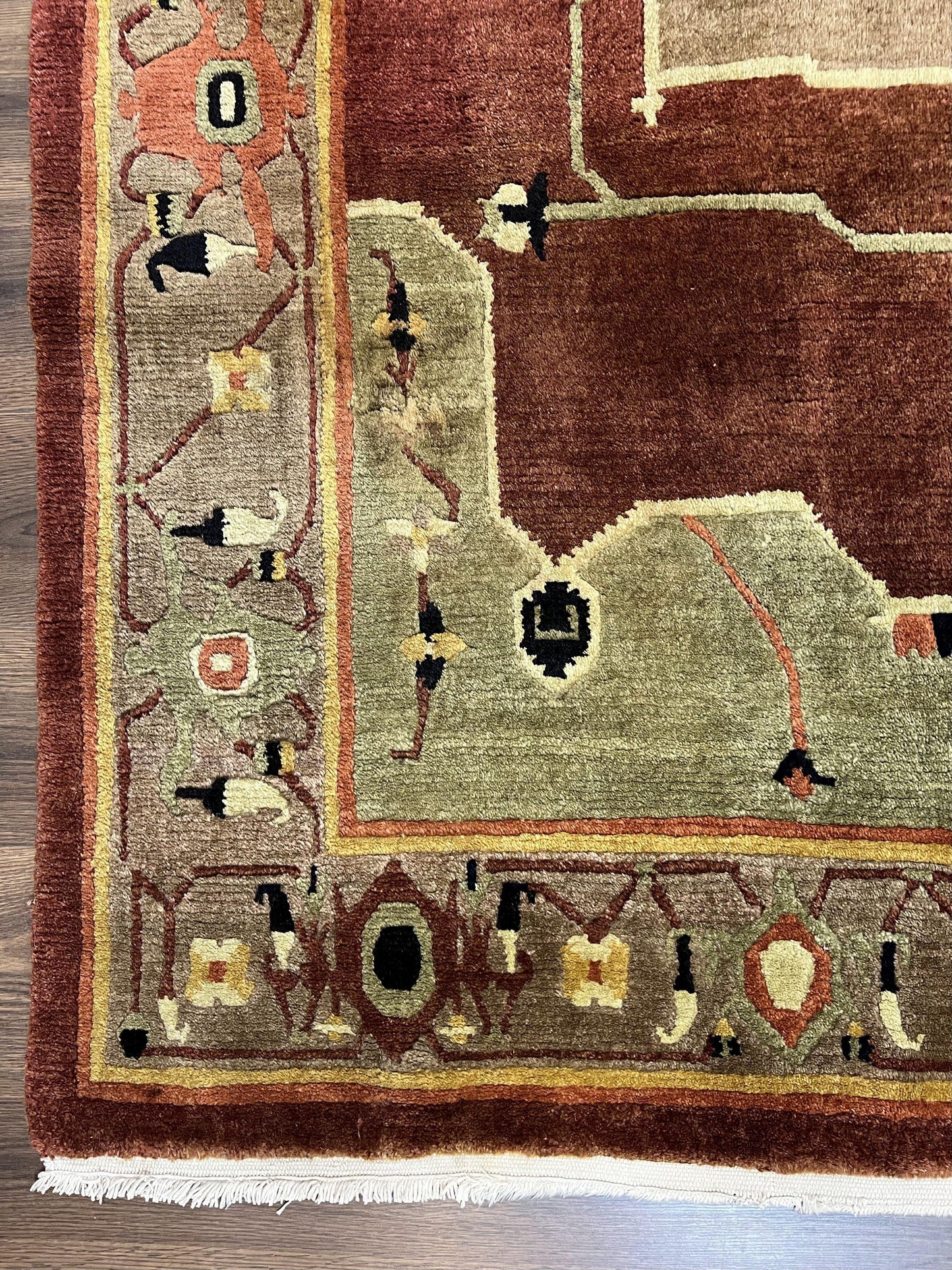 Tibetan Rug 7x10, Geometric Medallion, Red Green Taupe, Hand Knotted, Soft Wool Area Rug, Contemporary Carpet, Handmade Nepali Rug 7 x 10 ft - Nuvé