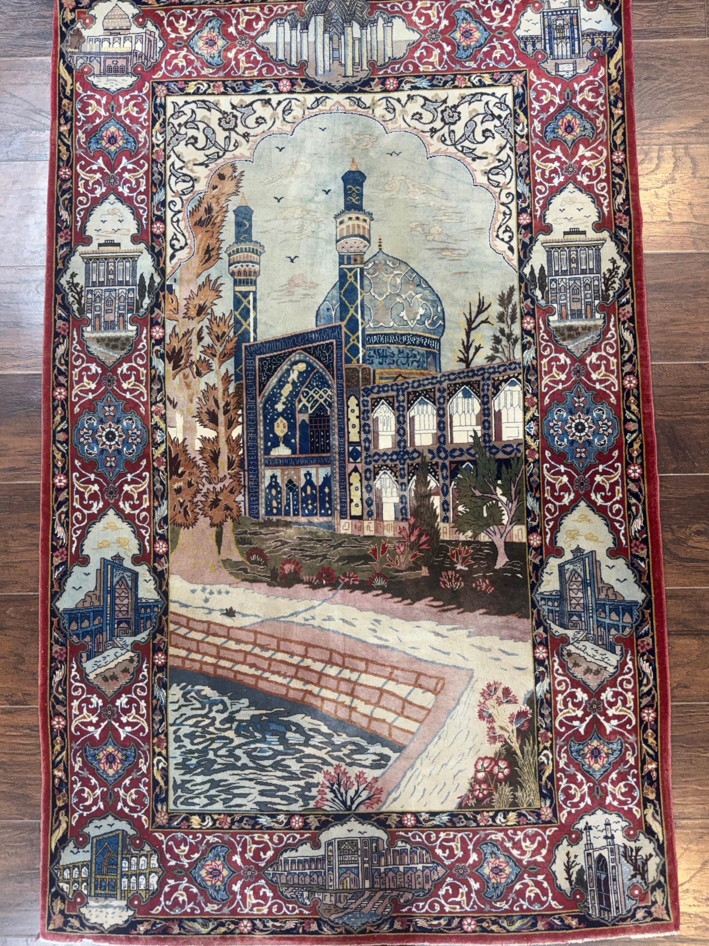 Persian Isfahan Pictorial Rug 3.6 x 5.7, Very Fine 400 KPSI, Historical Buildings, Signed By Masterweaver, Handmade - Nuvé