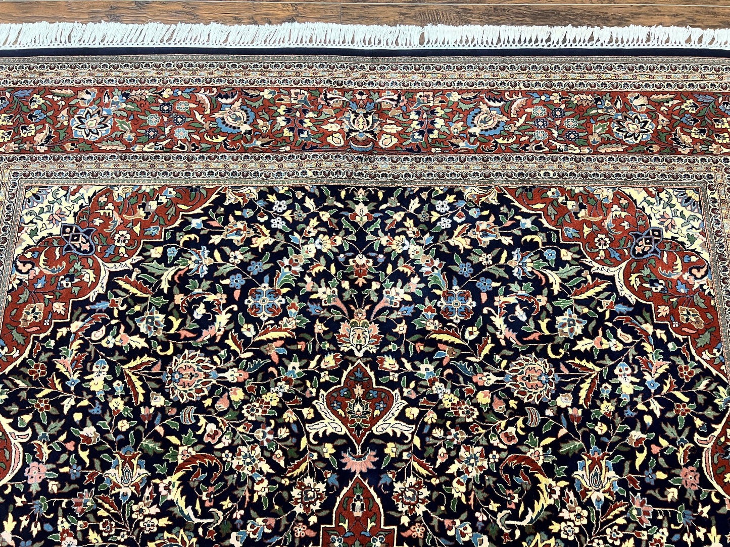 Indo Persian Rug 8x10, Floral Medallion, Vintage Handmade Wool Carpet, Navy Blue and Red, Fine 300 KPSI - Nuvé