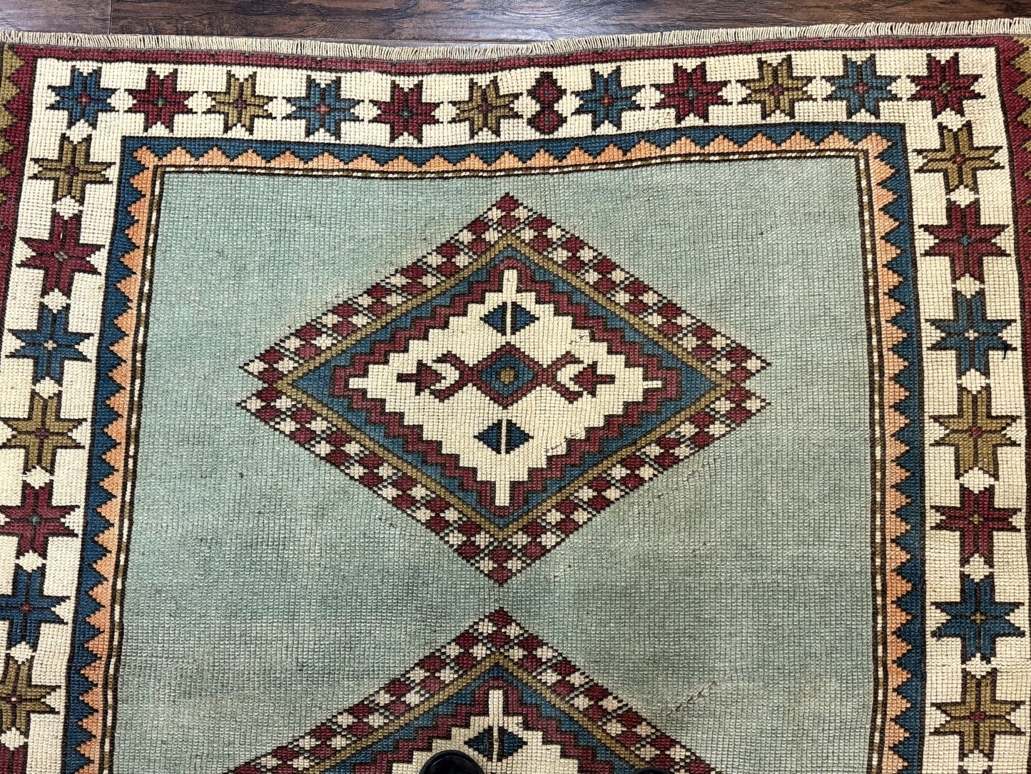 Turkish Kazak Rug 4x6, Geometric Medallion, Caucasian Design Rug, Semi Antique Vintage, Mint Green Maroon Ivory - Nuvé