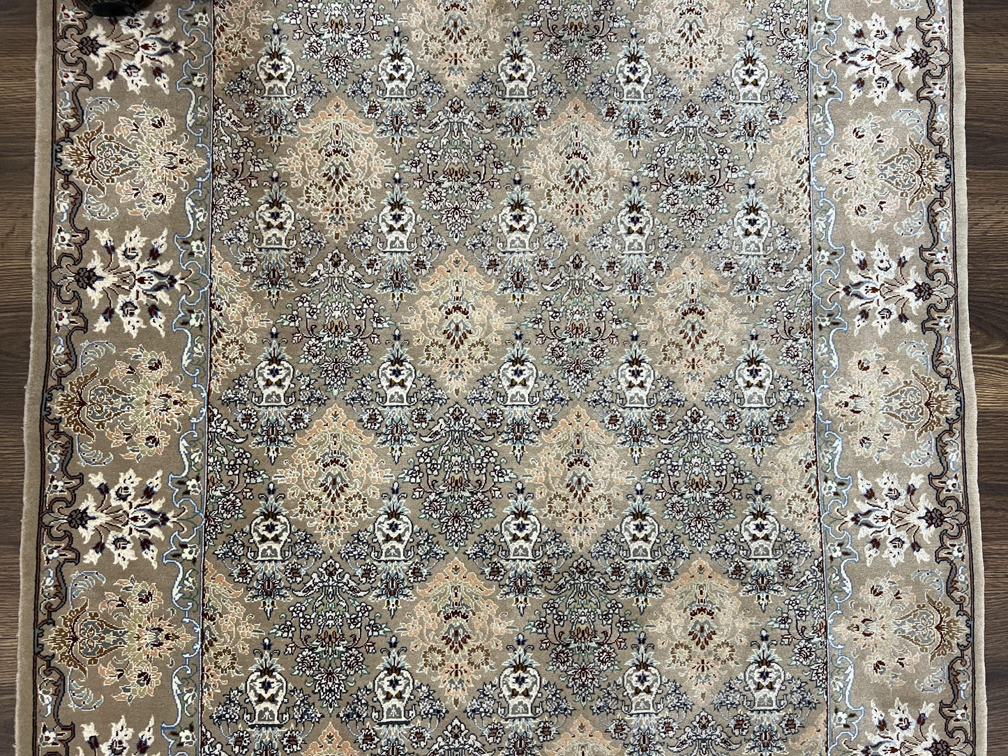 Super Fine Persian Isfahan Rug 3x5 ft, Kork Wool on Silk Foundation, Repeated Floral Motif, Taupe Tan Hand Knotted Oriental Carpet 3 x 5 ft, Signed - Nuvé
