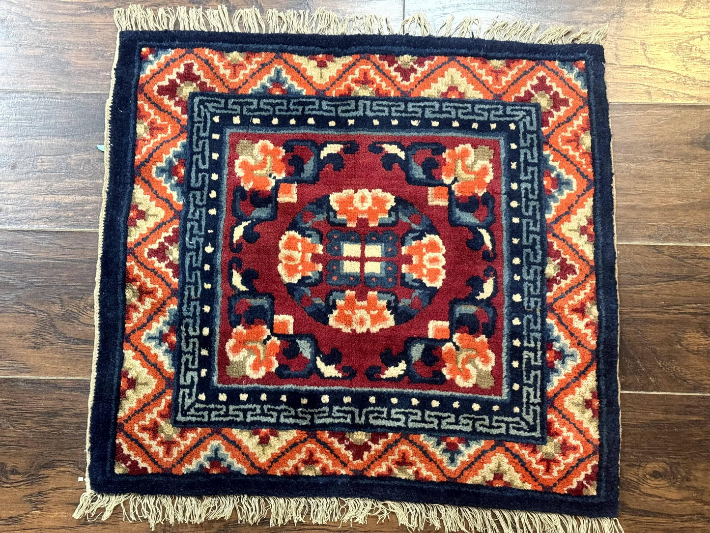 Small Antique Chinese Square Rug 2x3, Tibetan Rug, Red Orange Blue, 1920s Rug - Nuvé