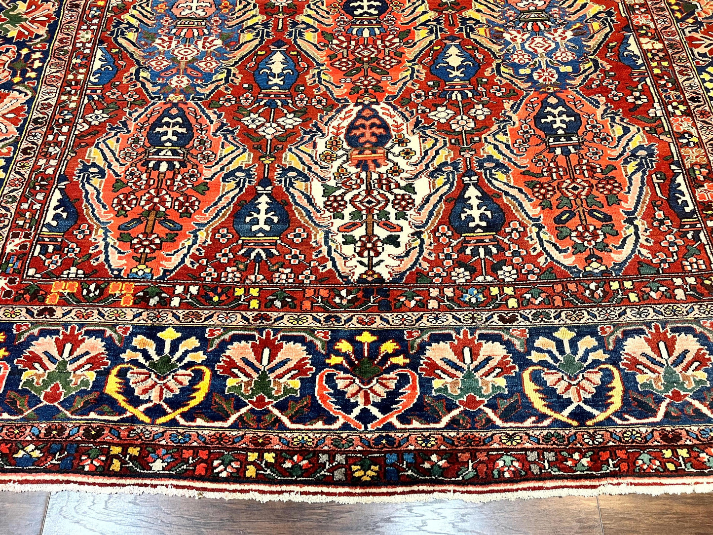 Large Persian Bakhtiari Rug 10x14, Rare Perisan Tribal Rug, Red Blue Ivory Multicolor, Hand Knotted, Semi Antique Carpet - Nuvé