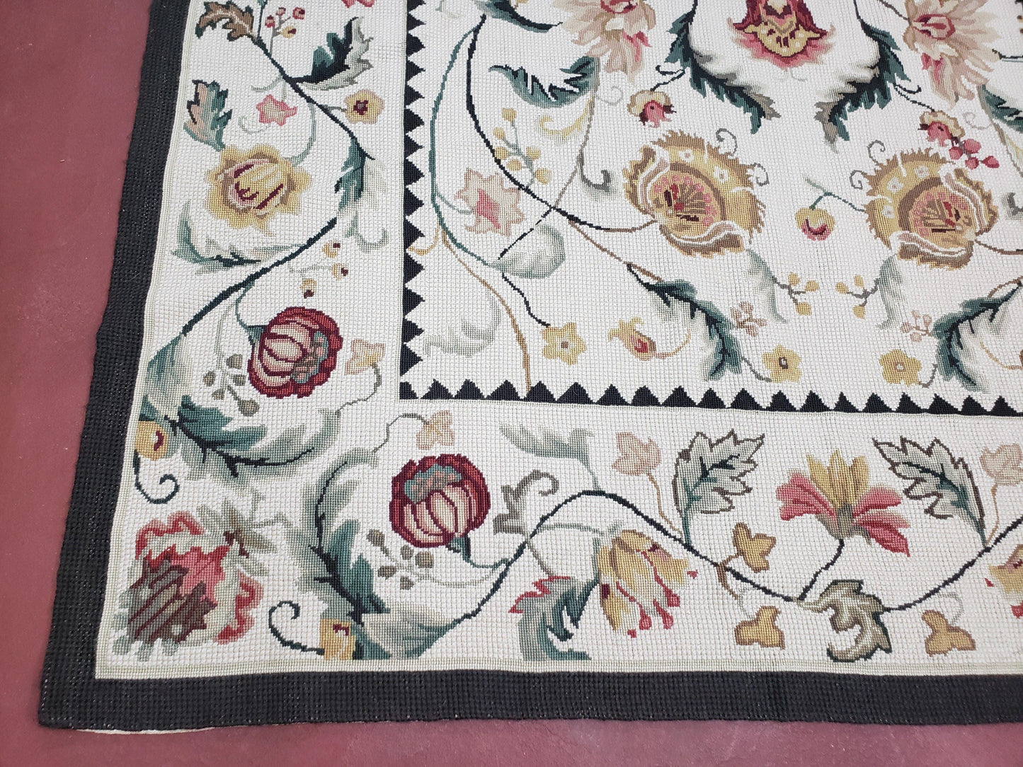 New Needlepoint Rug 9x12, Hand Woven Wool Area Rug, Flatweave Carpet, Handmade Chinese Needlepoint, Floral European Design, Ivory Background - Nuvé