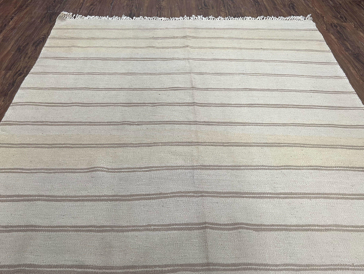 New Turkish Kilim Rug 5x8 Flatweave Carpet, Bohemian Rug, Contemporary Rug, Hand Woven, Wool Area Rug, Gray and Taupe, Striped Pattern - Nuvé