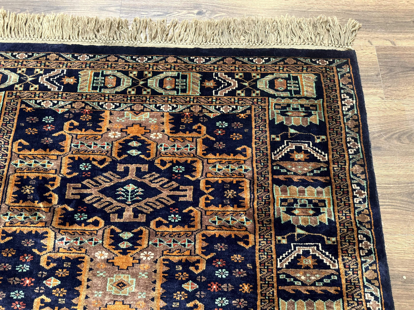 Vintage Afghan Rug 4x6, Navy Blue and Light Brown, Geometric Medallions, Wool on Wool, Tribal Rug - Nuvé