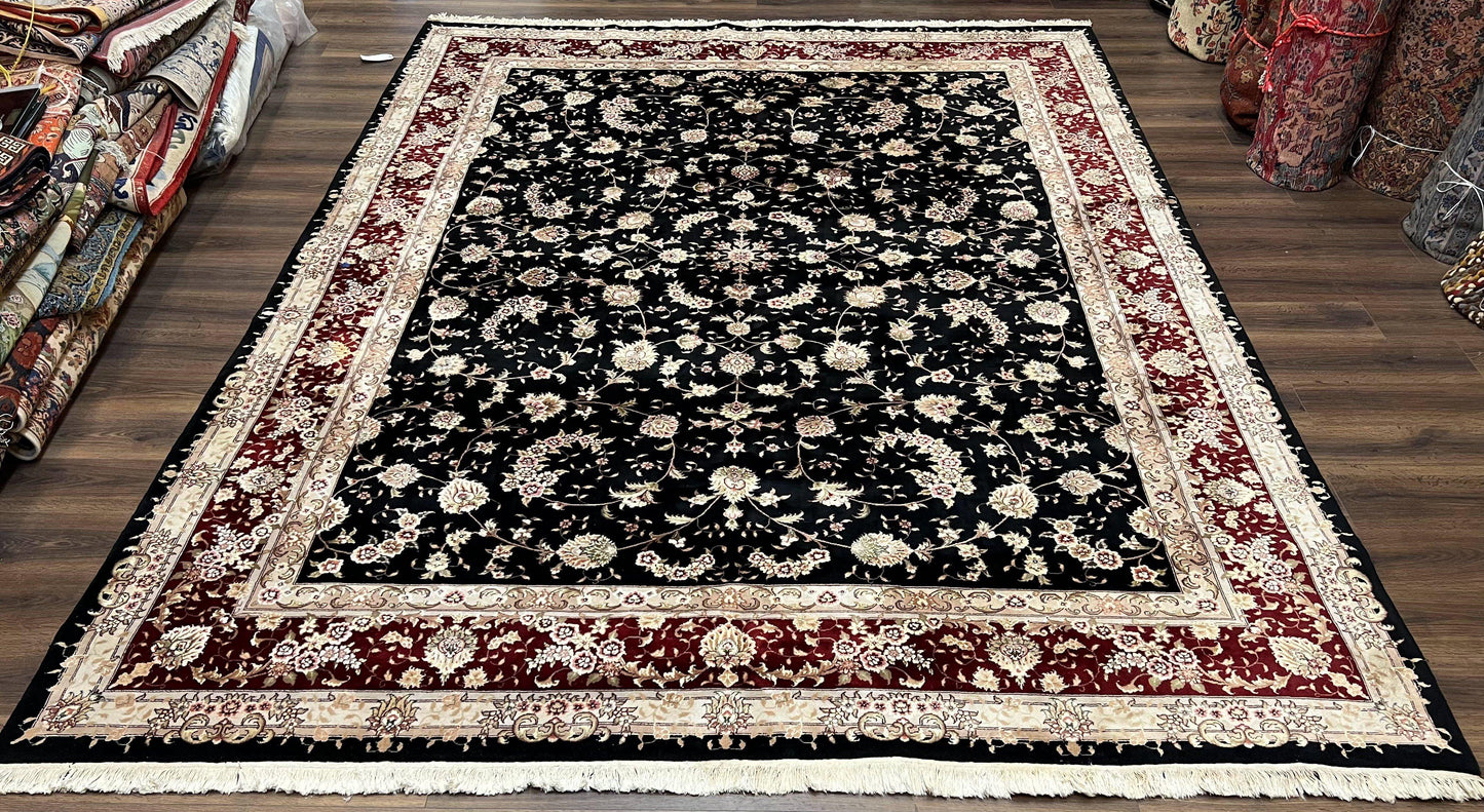 Sino Persian Rug 9x12, High Quality Oriental Carpet, Black and Maroon, Wool and Silk, Allover Floral Pattern, Hand Knotted, Vintage Rug Nice - Nuvé