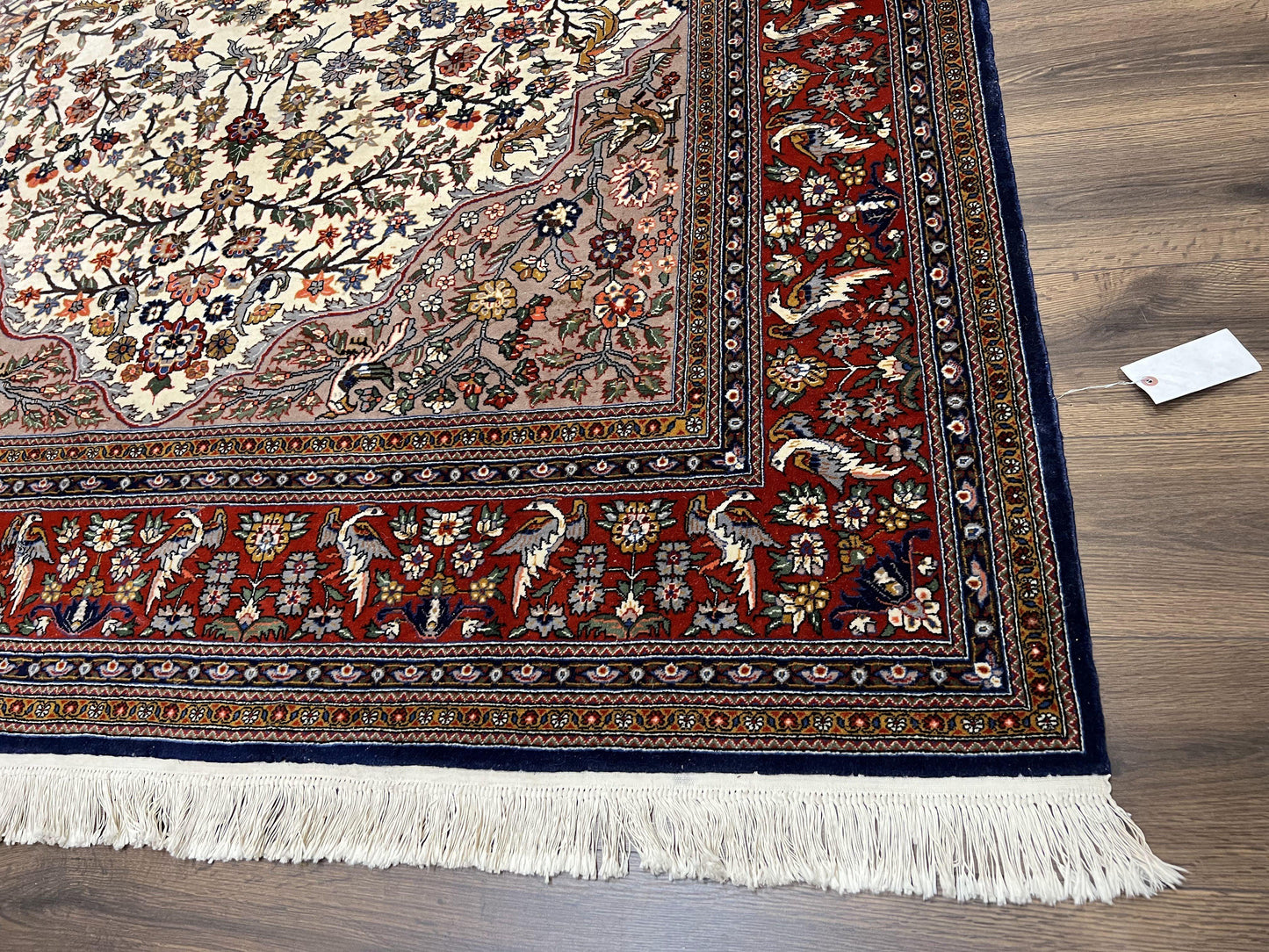 Beautiful Sino Persian Rug 7x10, Circle of Life Tree of Life Rug, Birds, Cream Red Navy Blue Taupe, Wool Silk Accents, Hand Knotted Vintage - Nuvé