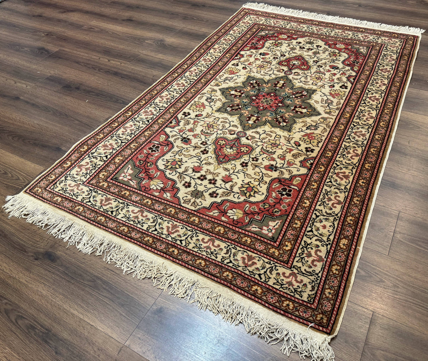 Turkish Sivas Rug 4x6, Floral Medallion, Beige Pink-Red Green, Handmade - Nuvé