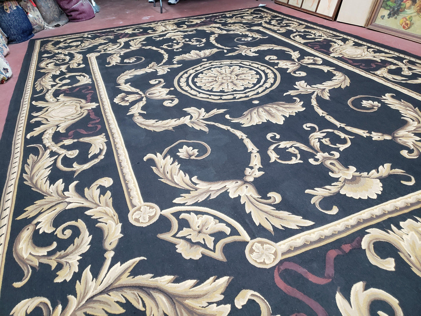 Black and Tan Aubusson Rug, 10 x 14 Aubusson Carpet, New Aubusson Rug, Elegant, Wool, Handmade Area Rug, Flatweave Rug, Large Aubusson Rug - Nuvé