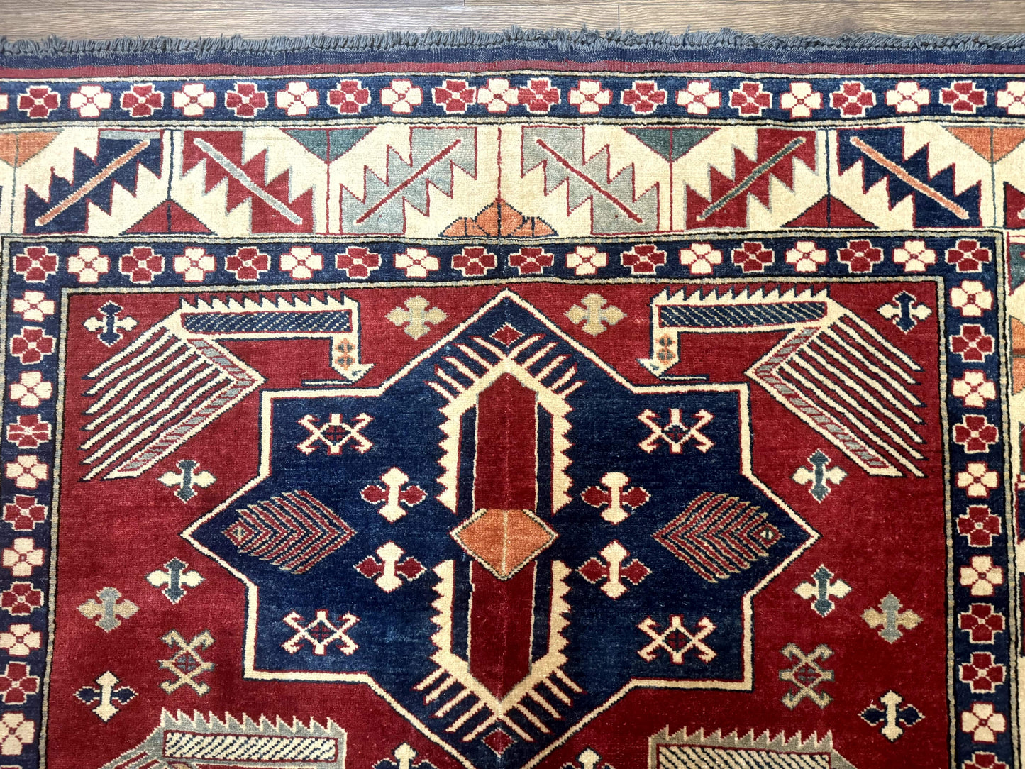Turkish Kazak Rug 6x8, Caucasian Design, Geometric Medallions, Red Blue Beige - Nuvé