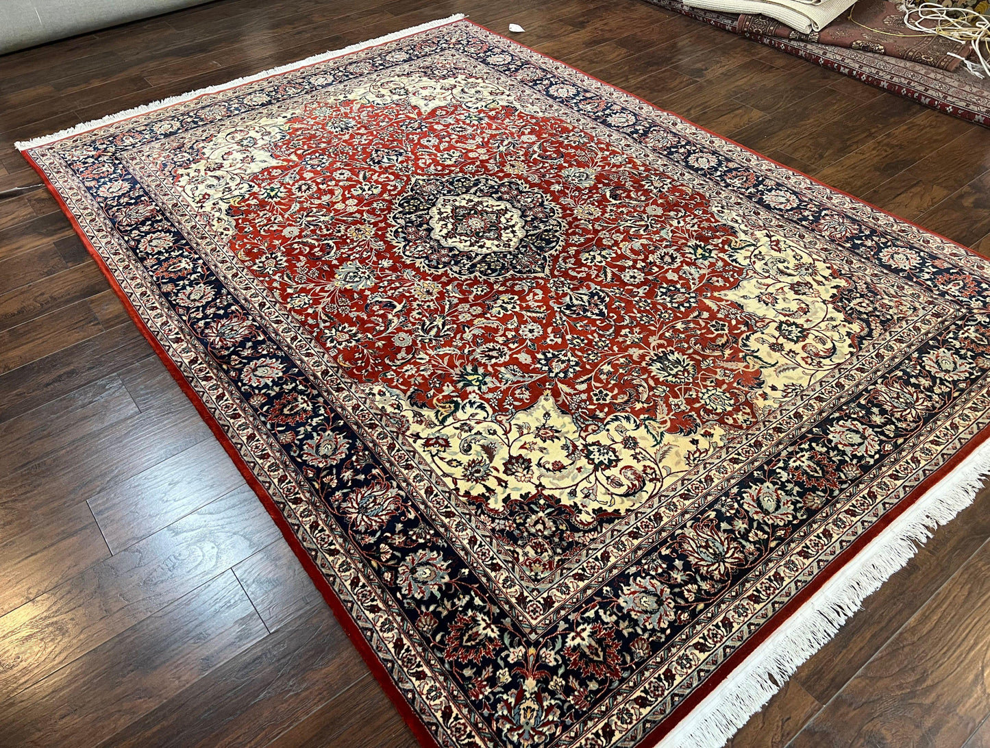 Fine Sino Persian Rug 7x10 ft, Floral Central Medallion Oriental Carpet, Red Navy Blue Cream, Hand Knotted Wool Traditional Vintage Rug - Nuvé