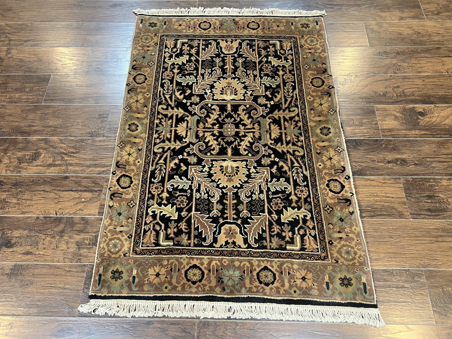 Heriz Rug 3.6 x 5, Handmade Vintage Wool Carpet, Couristan Carpet, Persian Design, Black - Nuvé