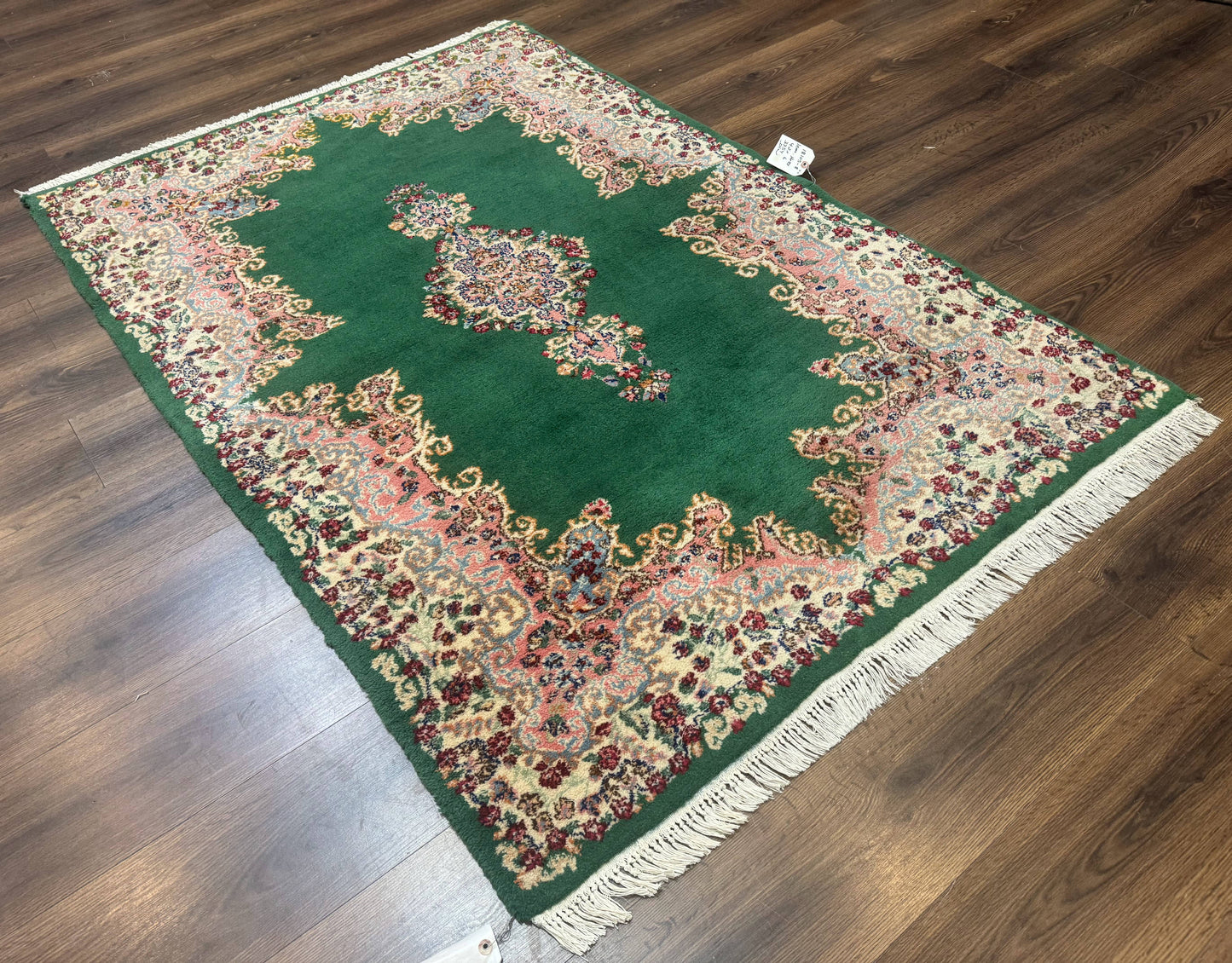 Green Persian Kerman Rug 4x6, Semi Open Field, Green & Cream, Vintage - Nuvé